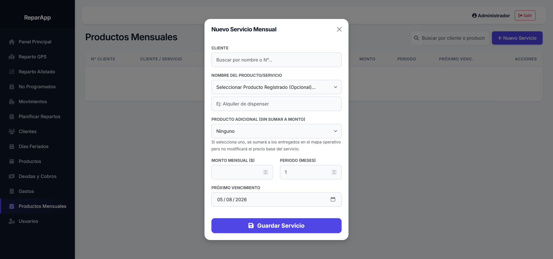 App Repartos PC - Servicios y Abonos Mensuales