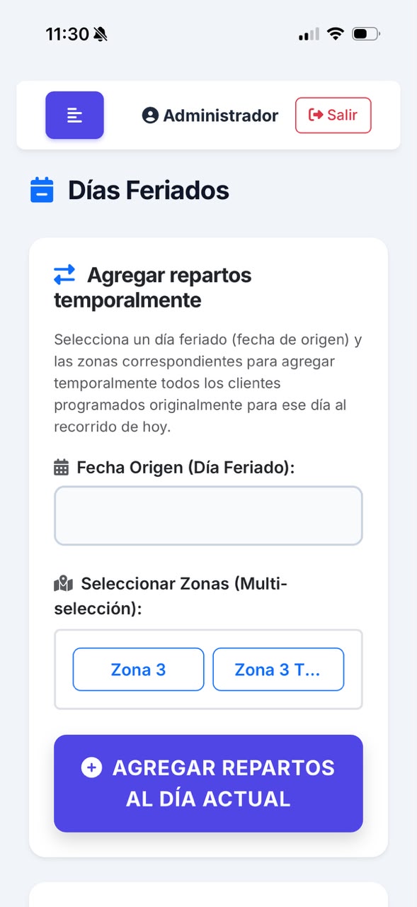 App Repartos Móvil - Configuración de Días Feriados