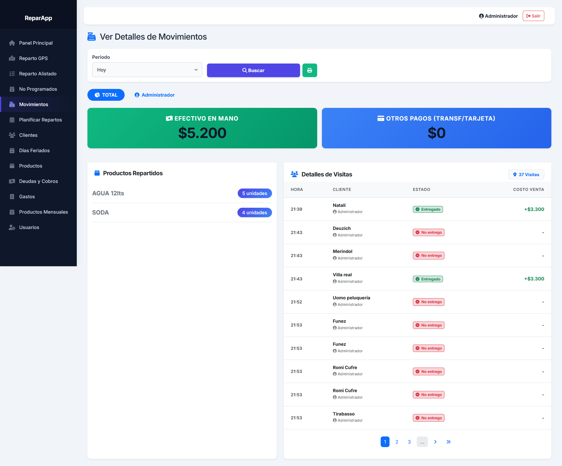 App Repartos PC - Detalle de Movimientos & Ventas