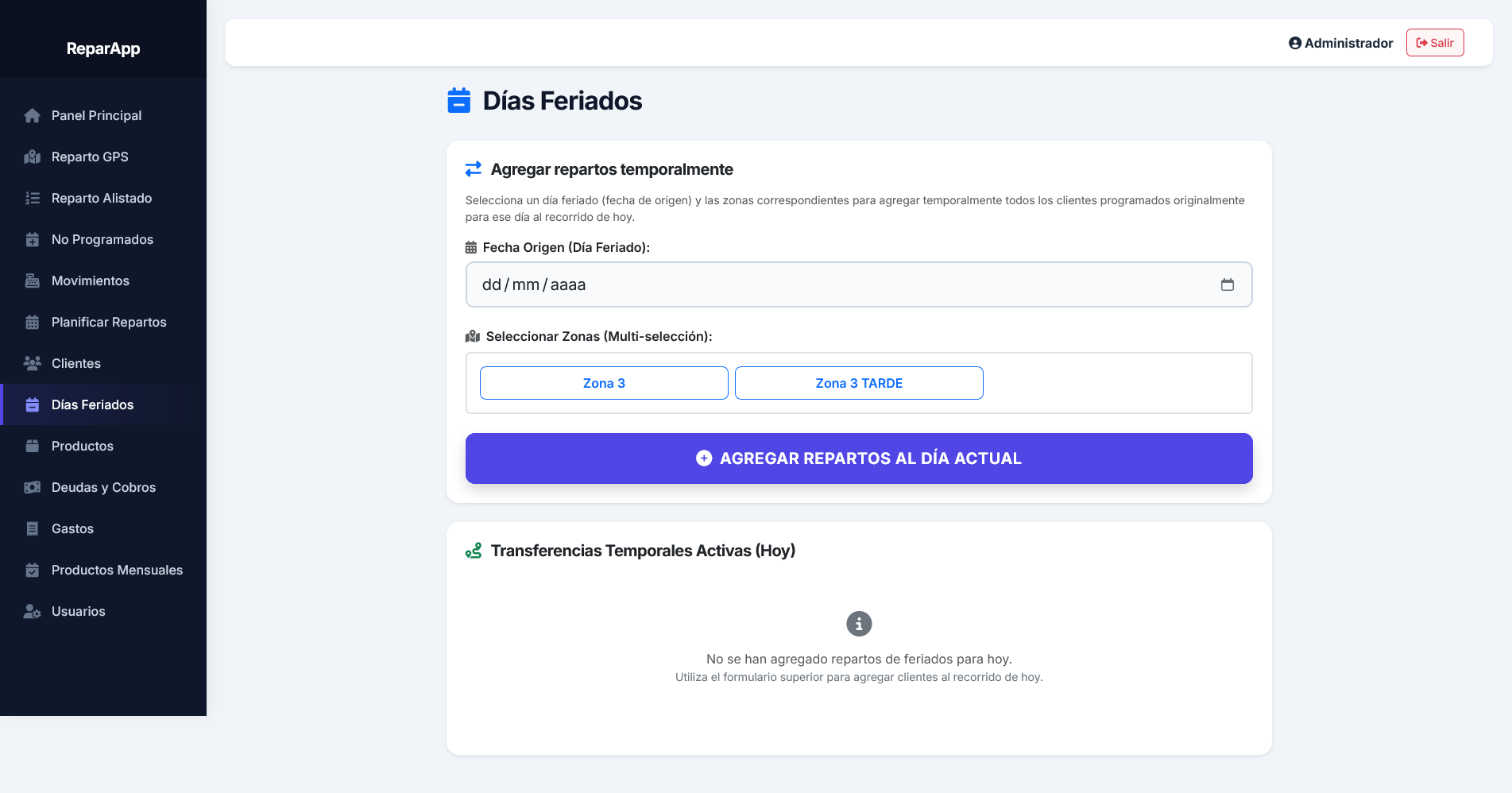 App Repartos PC - Configuración de Días Feriados