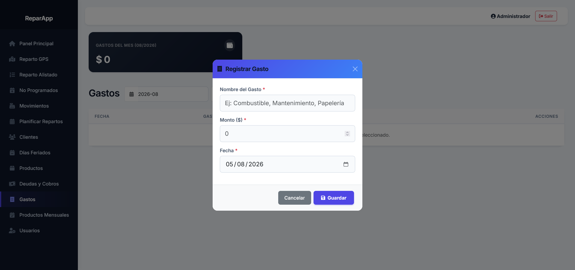 App Repartos PC - Registro de Gastos Operativos