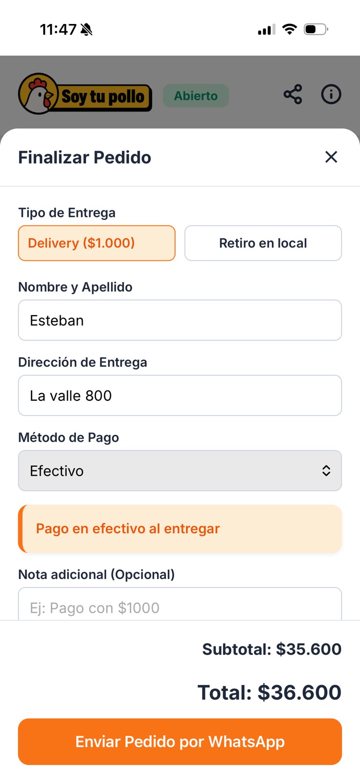 App Rotisería - Formulario de Finalizar Pedido