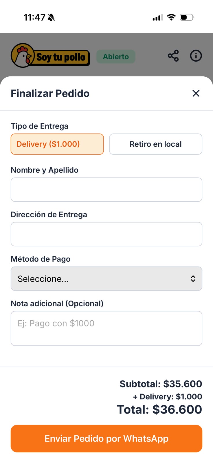App Rotisería - Datos para Envíos y Pagos